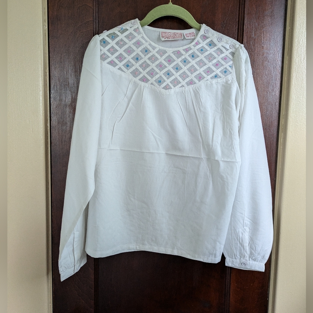 Vintage Dead Stock White Blouse W/ Pink & Blue Beading
